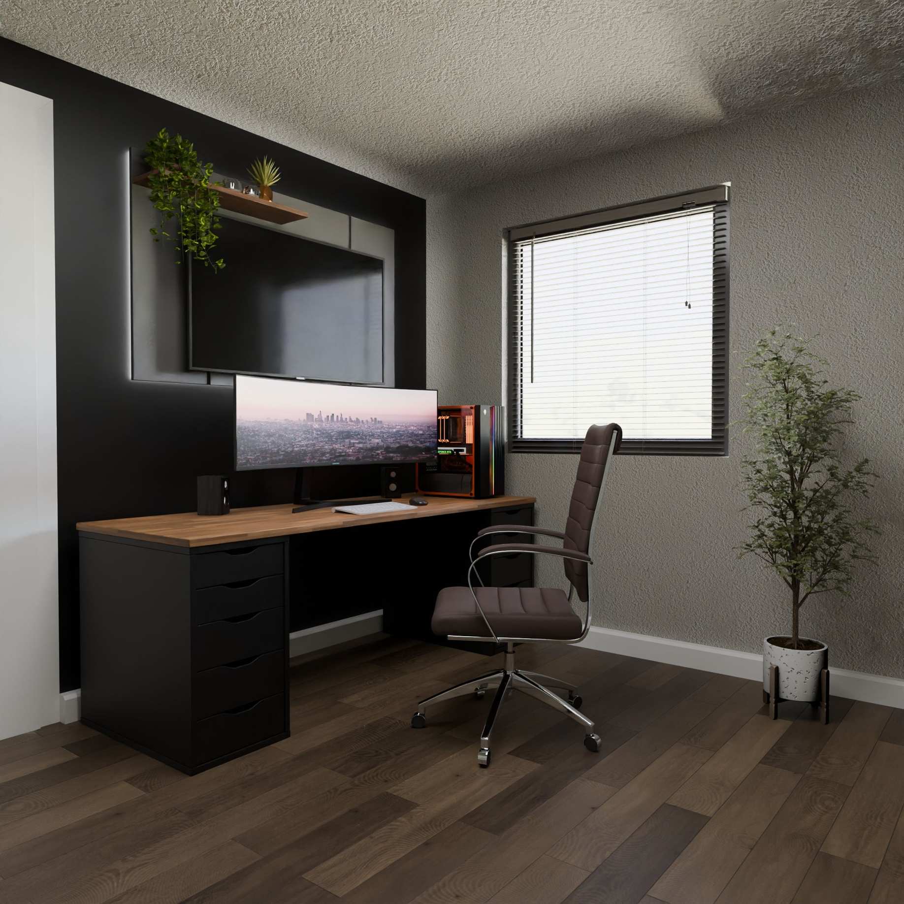 Computer monitors glowing in a dim workspace, minimalist desk setup with a large monitor